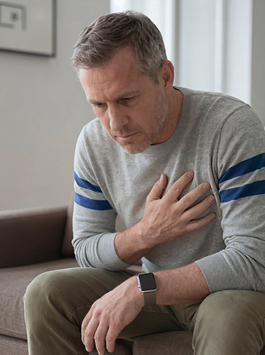 Person with one hand on their chest.