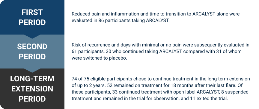 1. Time to monotherapy, reduced pain and inflammation evaluated in 86 patients. 2. Risk of recurrence evaluated in 61 patients. 3. Long-term safety and efficacy evaluated in 74 patients.